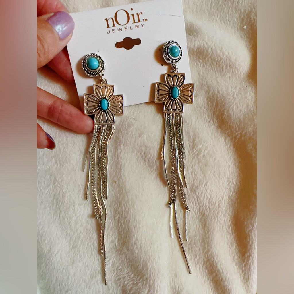 Noir Silver Floral Tassels Drop Earrings Silver Tone